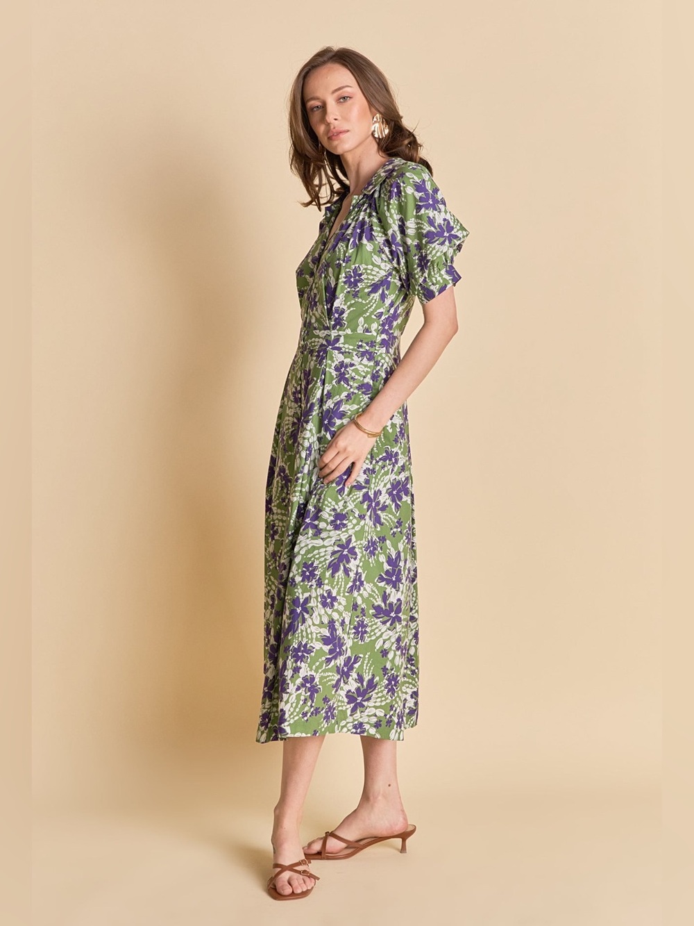 NWT English Factory Green Purple Floral Printed Midi Dress Size Small